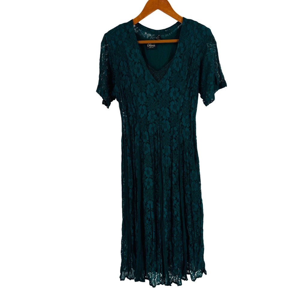 Vintage Green Lace Overlay‎ Forest Midi Dress Size SP Victorian Whimsigoth